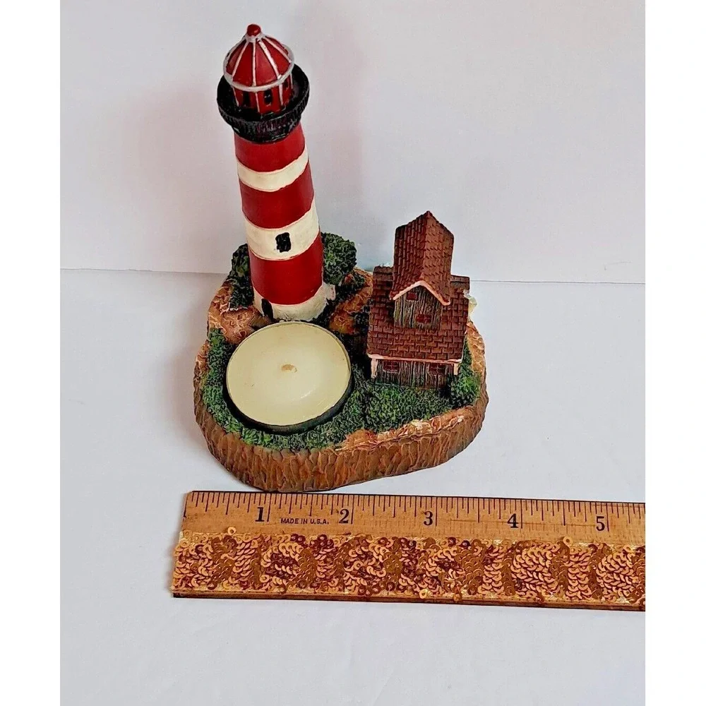 Giftco Lighthouse Cove Polyresin Candle Holder Red White Coastal Decor Tealight